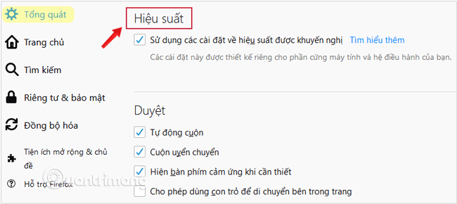 Ở Tổng quát (Advanced), cuộn xuống tìm phần Hiệu suất (Performance)