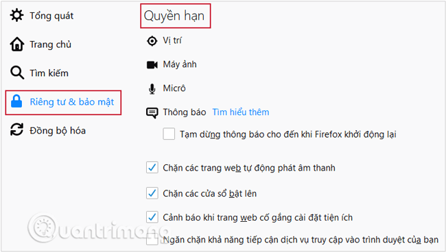 Chọn Riêng tư và bảo mật (Privacy & Security) > Quyền hạn trong Firefox