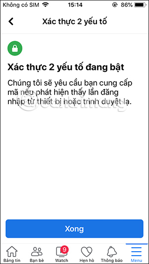 Đang bật xác thực 2 yếu tố Facebook