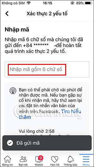 Nhập mã Facebook gửi về
